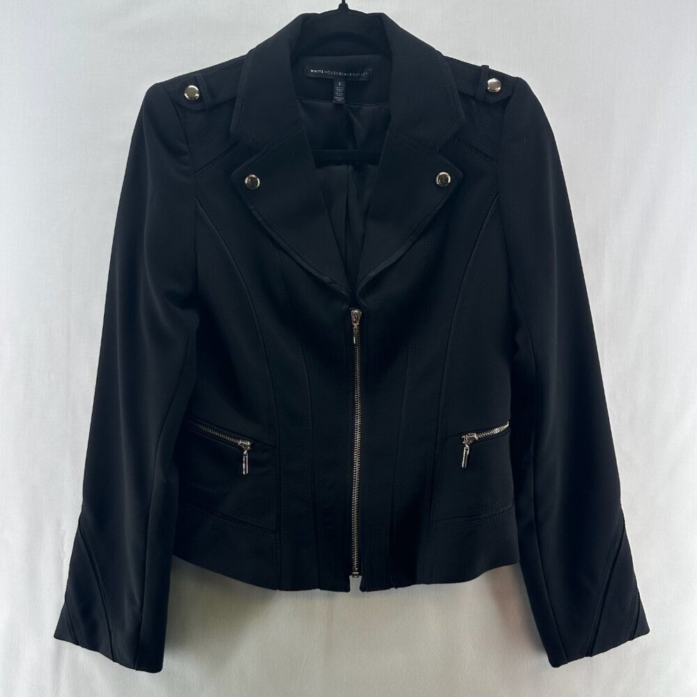 White House Black Market Blazer Womens Sz 2 Moto Jacket Notch Lapel Zip Up Black